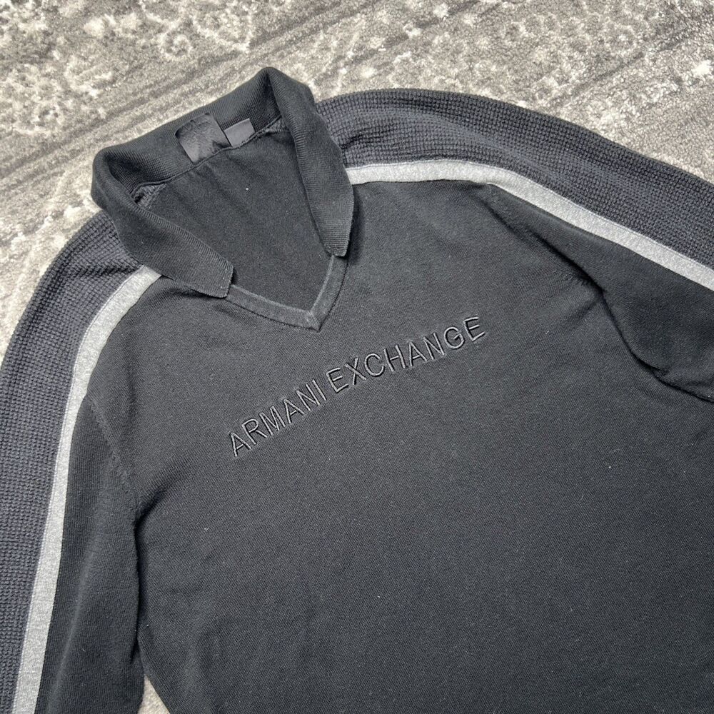 Armani Exchange Mens V Neck Polo Sweater Black Large Spellout Y2K Waffle Knit
